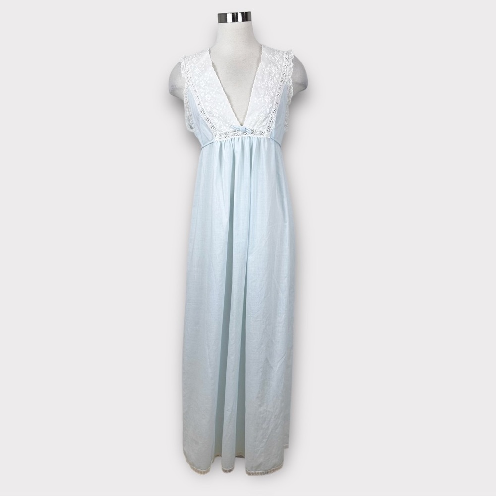 Vintage Christian Dior Light Blue Long Nightgown Embroidered Lace Large